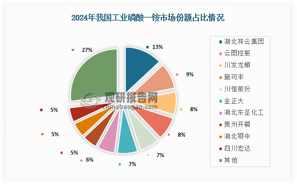 具体来看，2024年我国工业磷酸一铵行业市场份额占比最高为湖北祥云集团，占比为13%；其次为云图控股，市场份额占比为9%；第三为川发龙蟒和施可丰，市场份额占比均为8%。