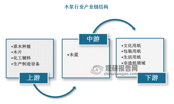 木浆行业产业链上游为原木种植、木片厂商、化学处理化工辅料以及相关生产制造设备；行业中游为木浆生产；行业下游为文化用纸、包装用纸、生活用纸以及非造纸领域等。