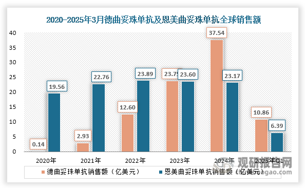 被誉为“史上最强ADC”的德曲妥珠单抗（Enhertu）由阿斯利康与第一三共联合开发，主要用于治疗HER2阳性乳腺癌、胃癌及胃食管交界处癌等恶性肿瘤。该药物于2019年首次获批上市，此后销售额持续高速增长，从2020年的0.14亿美元迅速攀升至2024年的37.54亿美元。进入2025年，其增长势头依然强劲，第一季度销售额已达10.86亿美元，较2024年同期的8.31亿美元大幅增长30.69%。值得一提的是，德曲妥珠单抗于2023年超越恩美曲妥珠单抗（Kadcyla）成为全球销售额最高的ADC药物，并持续保持领先地位，展现出卓越的市场竞争力与临床影响力。