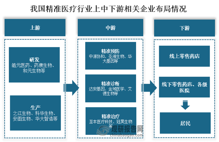 从精准医疗产业链布局情况来看，我国精准医疗上游药物、技术研发企业有皓元医药、药康生物、和元生物等；药品、制剂、设备、器械等生产企业有之江生物、科华生物、安图生物、华大智造等。中游精准预防参与企业有中源协和、圣湘生物、华大基因等；精准诊断参与企业达安基因、金域医学、艾德生物等；精准治疗参与企业有至本医疗科技、冠昊生物等。