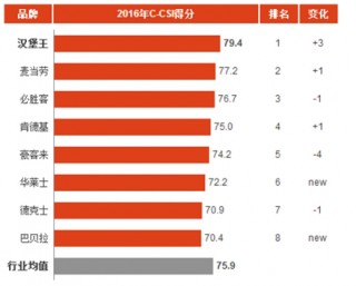 2016年中国西式快餐连锁消费市场顾客满意度指数分析与排名