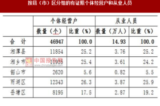 2017年湖南湘潭市按县（市）区分个体经营户和从业人员数量调查（图）
