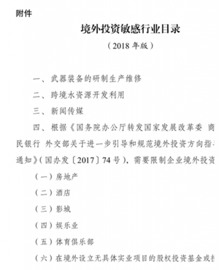 境外投资再增目录地产酒店体育被受限