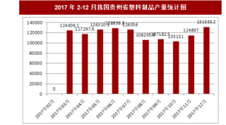 2017年12月我国贵州省塑料制品产量131333.2吨，本月止累计产量1368551.2吨