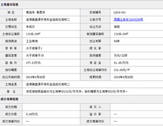 2018年6月青岛莱西市店埠镇鑫源环保东金店街北地块二商用或工用土地拍卖、出让交易信息