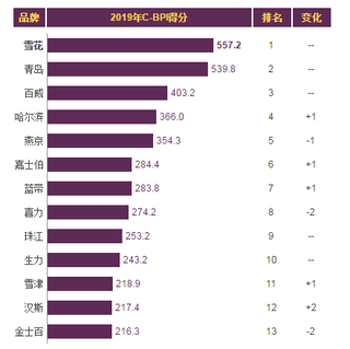 2019年我国啤酒品牌力指数排名情况