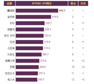 2019年我国男士正装品牌力指数排名情况