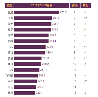 2019年我国彩电品牌力指数排名情况