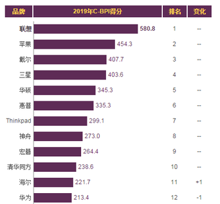 2019年我国笔记本电脑品牌力指数排名情况