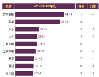 2019年我国电器城品牌力指数排名情况