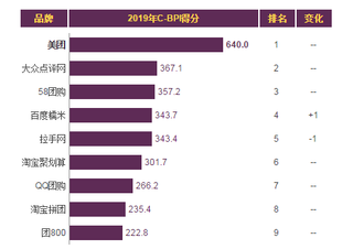 2019年我国团购网站品牌力指数排名情况