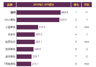 2019年我国共享单车品牌力指数排名情况