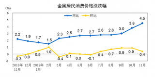 2019年11月份全国居民消费价格同比上涨4.5%