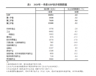 2020年一季度我国GDP为206504亿元 受疫情影响显著 整体经济呈恢复态势