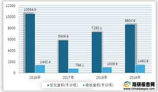 2016-2019年我国洪涝、地质灾害和台风受灾、绝收面积情况