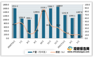 2021年5月我国发电机组（发电设备）产量1287.6万千瓦同比增长10.9%