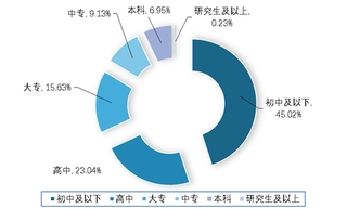 截至2019年我国养老机构从业人员文化程度占比统计